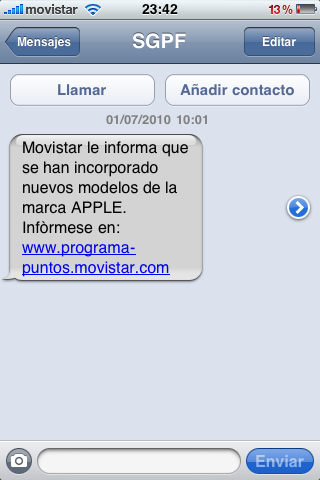 Mensaje de Movistar (ya tiene el iPhone 4)