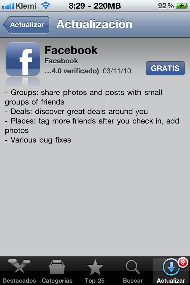 Facebook 3.3.1, actualización disponible.