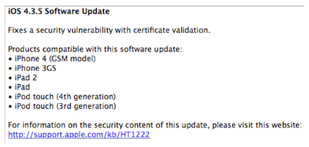 Apple lanza iOS 4.3.5 resolviendo un pequeño problema de seguridad