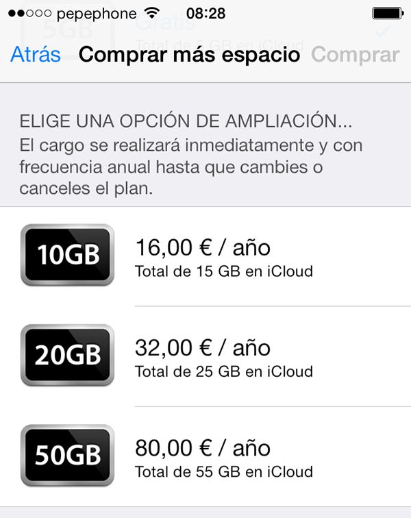 Compra Espacio iCloud iOS 7